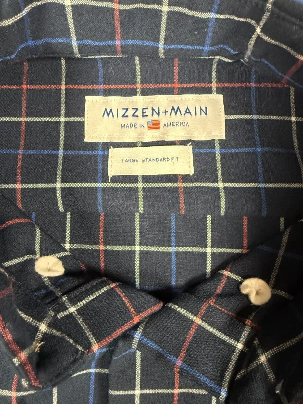 Mizzen + Main Men's Shirt Large Standard Fit Navy Blue Plaid Performance EUC